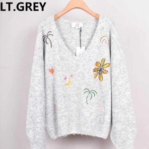 ShopEvelynne Light Gray V-Neck Sweater with Embroidered Accents